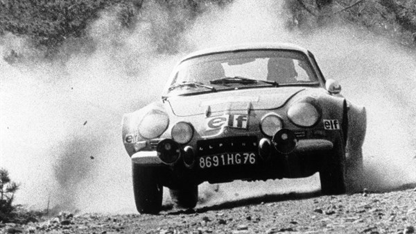 A Black and White photo of an Alpine car